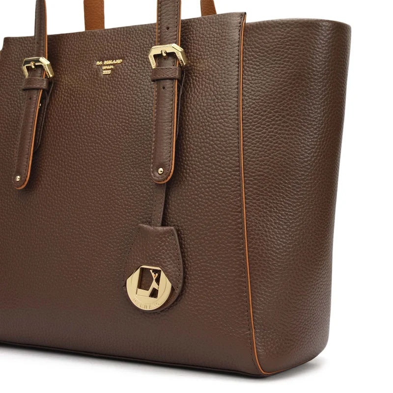 Da Milano Mocha Medium Wax Leather Tote - Mocha for Women | Best Price UAE